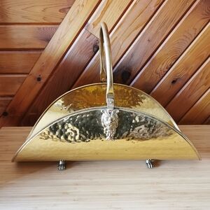 Vintage Hammered Brass-Finish Log Holder / Magazine Rack with Lion Accents